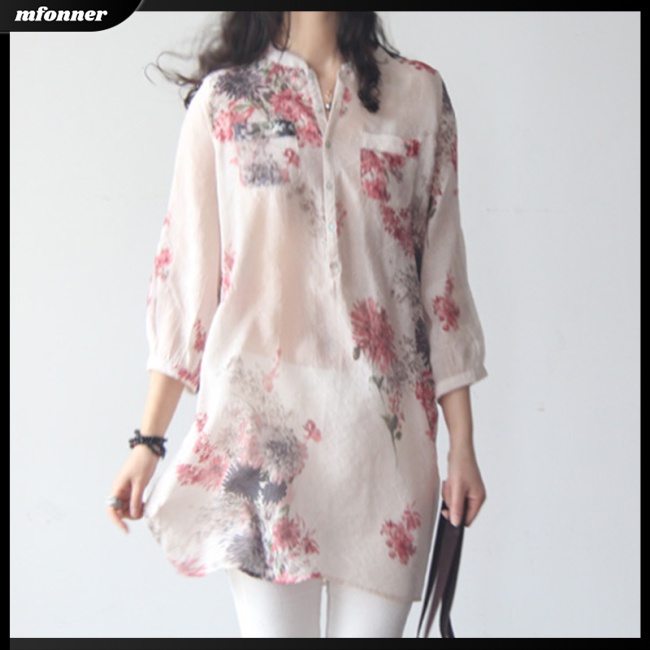 Áo Sơ Mi Cotton Lanh Ngắn Tay Họa Tiết Hoa Thời Trang Cho Nữ