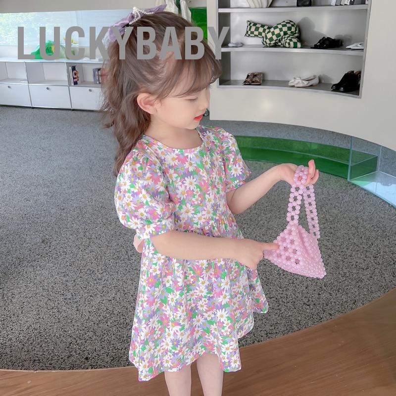 Đầm Cotton Cổ Thuyền Tay Phồng In Họa Tiết Hoa Có Thắt Nơ Sau Lưng Thời Trang Mùa Hè Cho Bé Gái