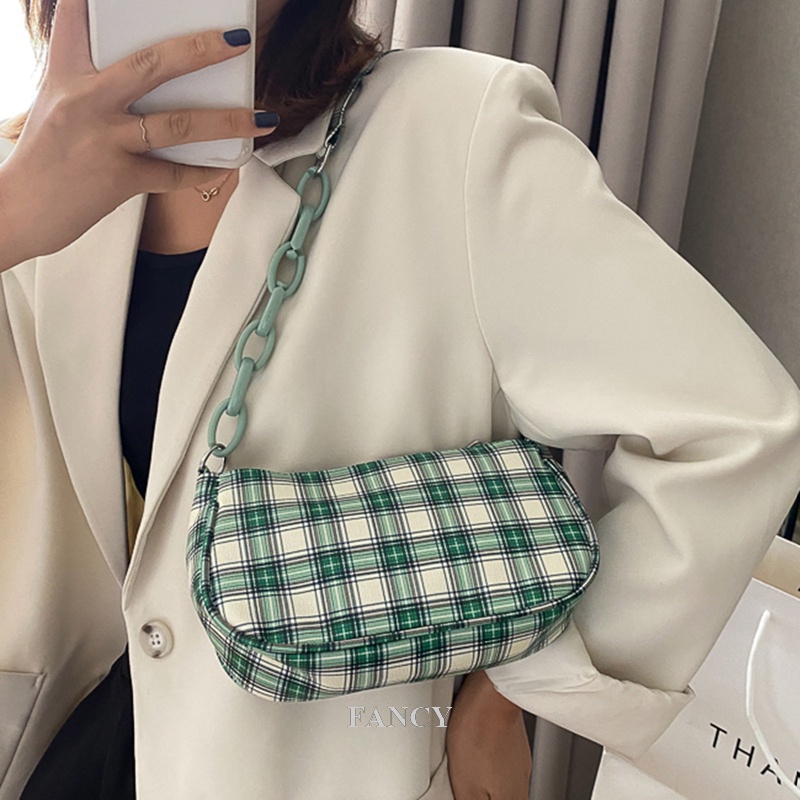 Fancy Túi Xách Đeo Vai Mini Họa Tiết Kẻ Sọc Phối Dây Xích Có Khóa Kéo Phong Cách Retro Dành Cho Nữ