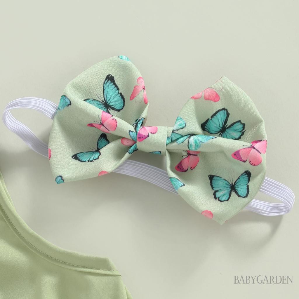 Bộ Áo Liền Quần Sát Nách In Họa Tiết Thỏ / Bướm / Hoa Kèm Băng Đô Xinh Xắn Cho Bé Gái 0-18 Tháng Tuổi