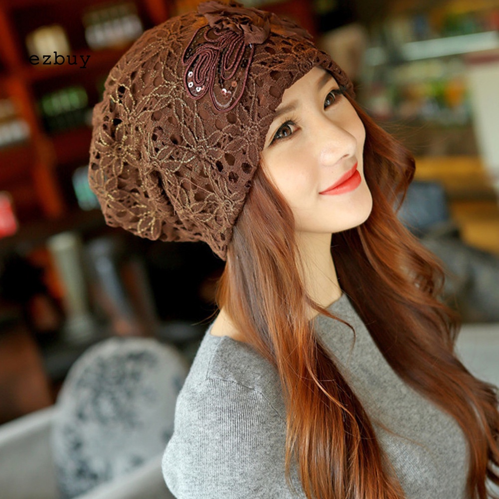 Mũ Trùm Đầu Giữ Ấm Chống Gió Phối Ren Hoa Thời Trang Cho Nữ