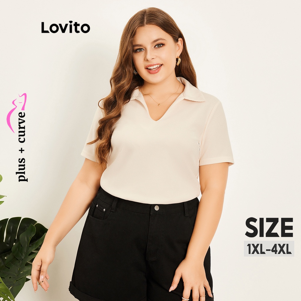 Áo thun waffle Lovito cổ polo màu trơn thường ngày tôn đường cong size lớn cho nữ LPS07004 (Màu kaki)