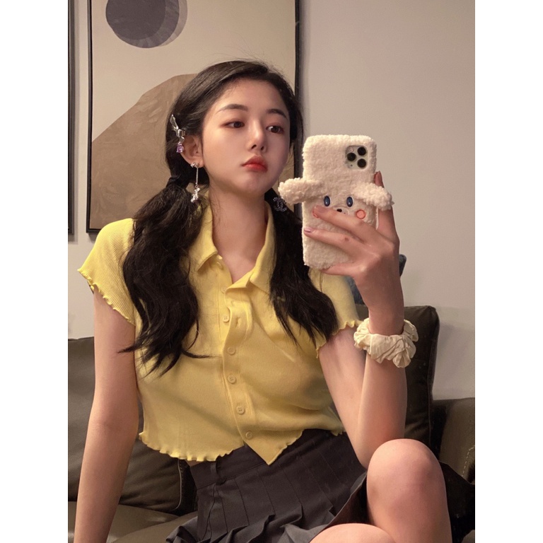 Áo Thun Polo Dệt Kim Tay Ngắn Dáng Rộng Thêu Họa Tiết Xinh Xắn Thời Trang Mùa Hè Phong Cách Hàn Quốc Cho Nữ