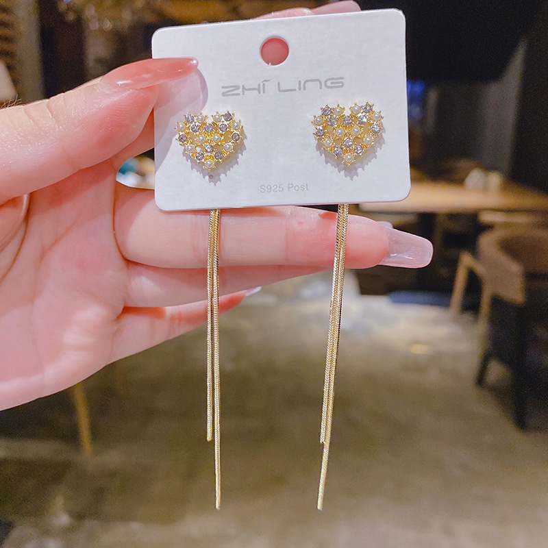 Bông Tai Mạ Bạc 925 Dáng Dài Đính Ngọc Trai / Trái Tim Xinh Xắn