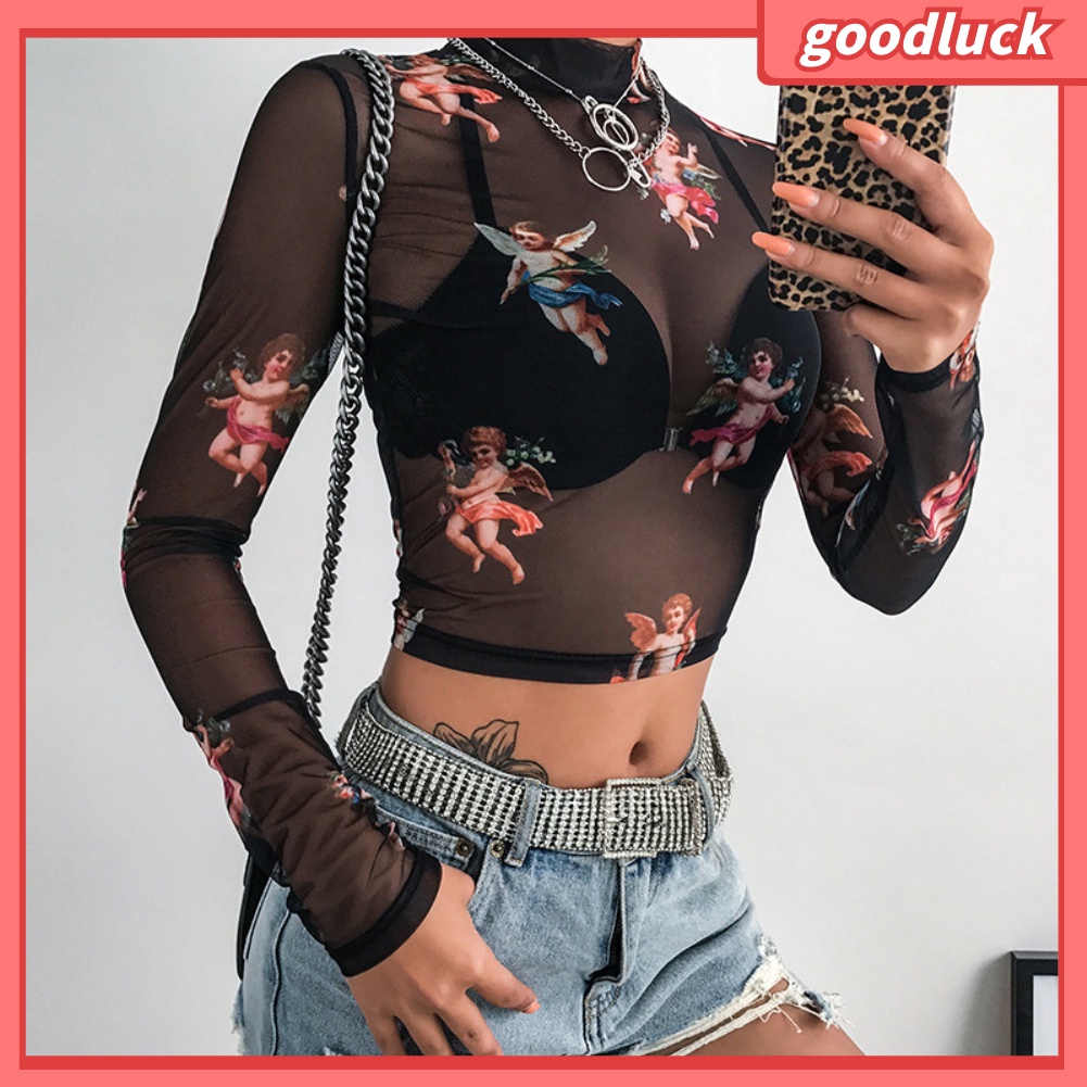 [ULK] Áo Crop Top Tay Dài Cổ Cao Xuyên Thấu Mềm Mại Quyến Rũ Cho Nữ