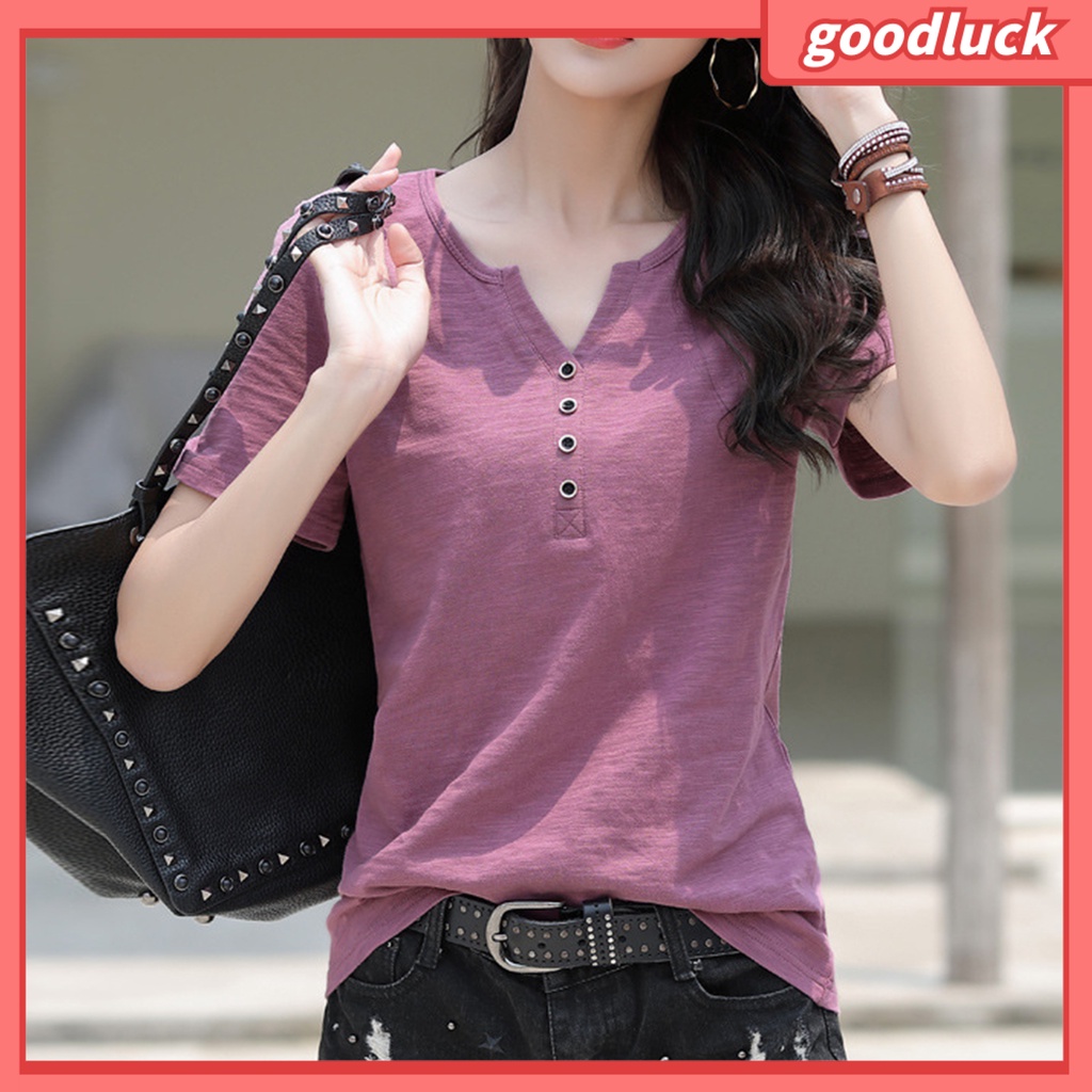 Áo Thun Cotton Tay Ngắn Cổ Tròn Màu Trơn Cài Nút Đơn Giản Dành Cho Nữ