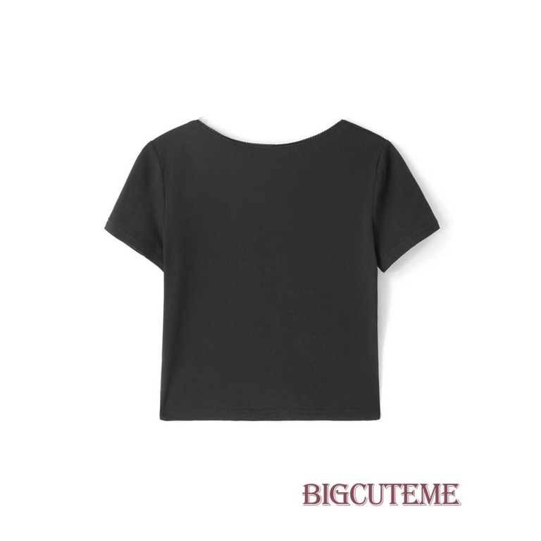 Áo Croptop Tay Ngắn Cổ Vuông Màu Đen Thời Trang Mùa Hè Cho Nữ