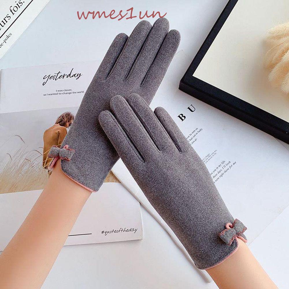 Găng Tay Nhung Ngắn Chống Gió Màu Trơn Đính Nơ Thoáng Khí WMES15H Cho Nữ