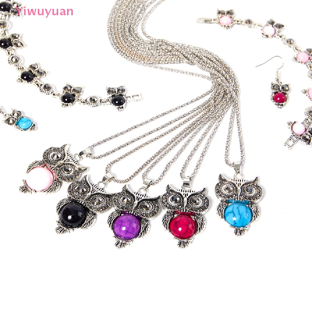 < Yiwuyuan > Bộ Trang Sức Vòng Cổ / Vòng Tay / Bông Tai Hình Cú Mèo Đính Đá Ngọc Lam Phong Cách Vintage