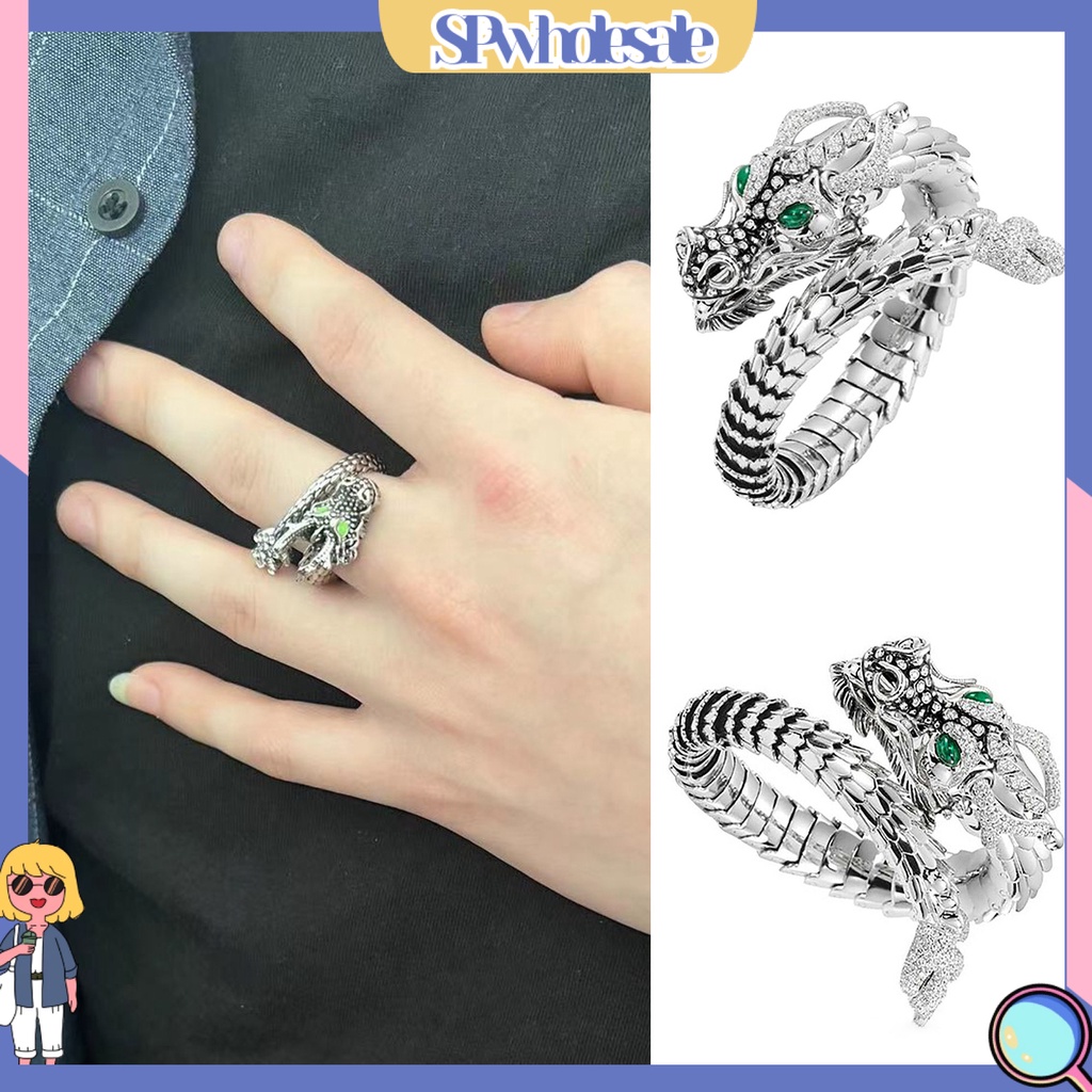 <SPwholesale> Nhẫn Hở Bản To Màu Bạc Hình Rồng Cá Tính Hợp Thời Trang Làm Quà Tặng Cho Nam