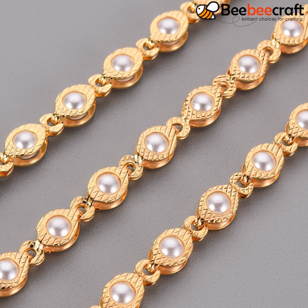 1 Cuộn Chuỗi Hạt Ngọc Trai Giả Bằng Nhựa ABS Mạ Vàng 8.5x4x3mm khoảng 16.4 Feet (5m) / roll