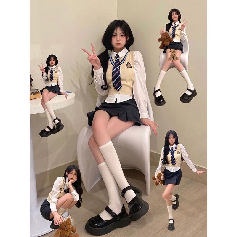 Bộ Áo Sơ Mi Trắng Cổ Chữ V + Chân Váy Ngắn Lưng Cao Phong Cách Preppy Hàn Quốc Thời Trang Cho Nữ