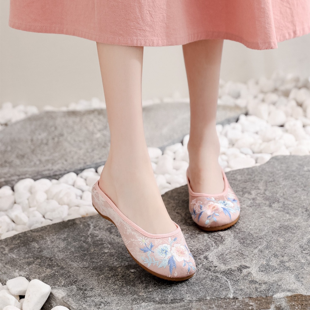 Giày Búp Bê Vải Thêu Hoa Phong Cách Vintage Xinh Xắn