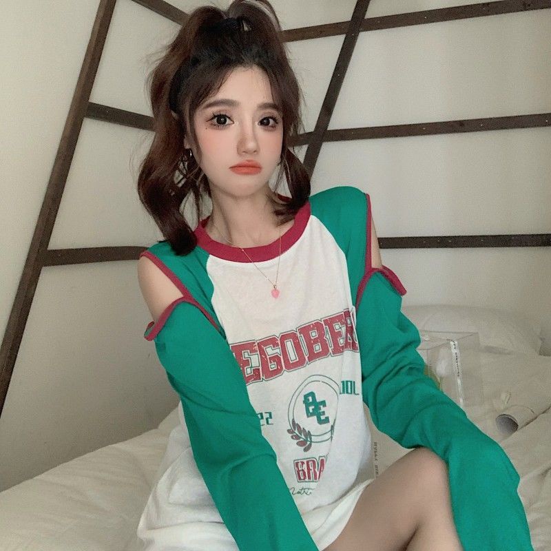 Áo Thun Tay Dài Dáng Rộng Hở Vai Màu Khối Cổ Điển Thời Trang Mùa Xuân Dành Cho Bạn Gái Plus Size