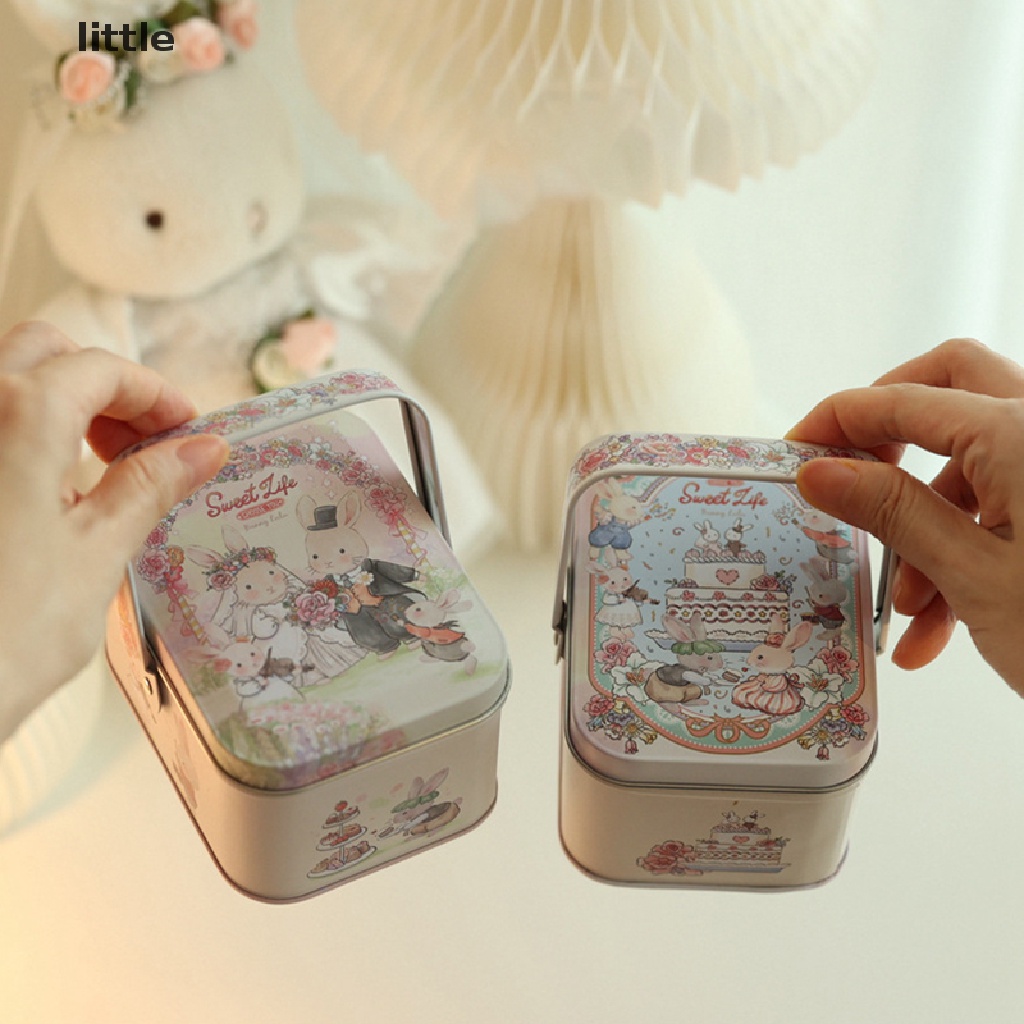 Hộp Thiếc Đựng Kẹo In Họa Tiết Thỏ Hoạt Hình Có Tay Cầm Phong Cách Vintage