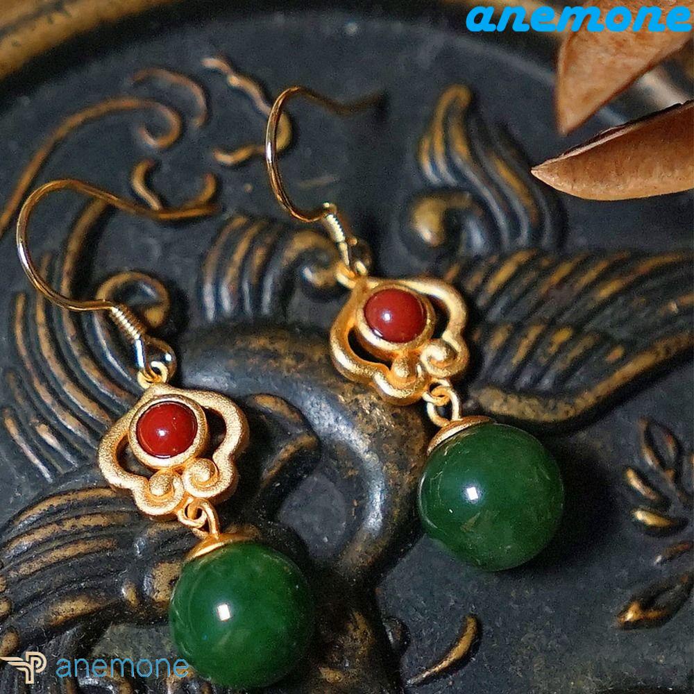 Khuyên Tai Lủng Lẳng Xỏ Hạt Xanh Lá Cổ Điển Ngọt Ngào Cho Nữ