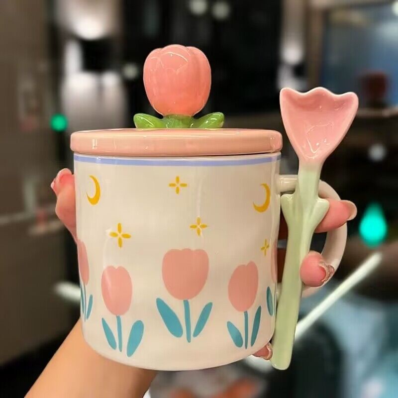 Cốc Sứ Uống Nước Có Nắp Đậy Hình Hoa Tulip Dễ Thương