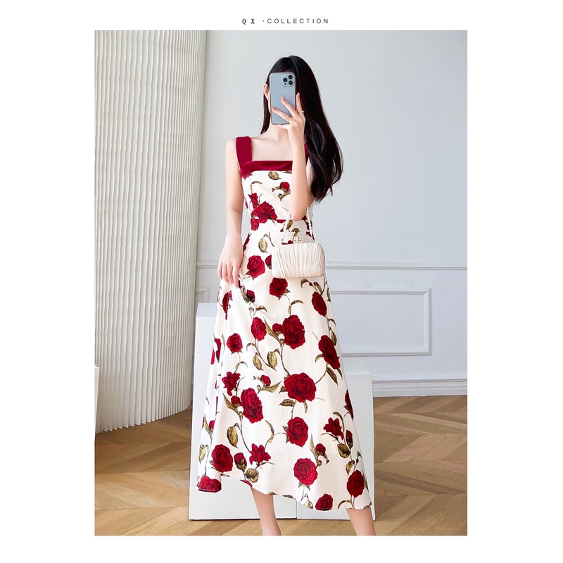 Vintage phong cách hoa hồng in đầm cho phụ nữ mùa hè ánh sáng chín gió sling váy hka067