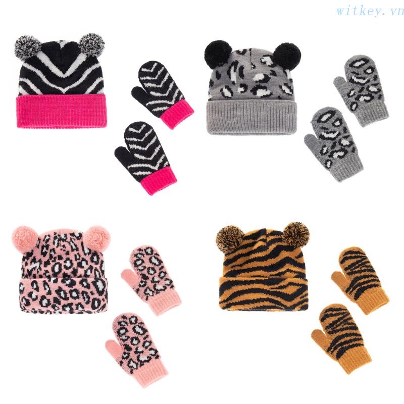 Bộ Mũ Và Găng Tay Len Jacquard Họa Tiết Da Báo / Hổ Thời Trang Thu Đông Dành Cho Trẻ Em