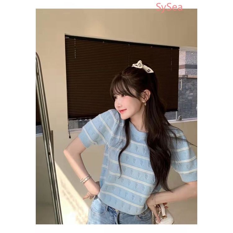 Áo Dệt Kim Cổ Tròn Họa Tiết Kẻ Sọc Thời Trang Mùa Hè Hàn Quốc Cho Nữ