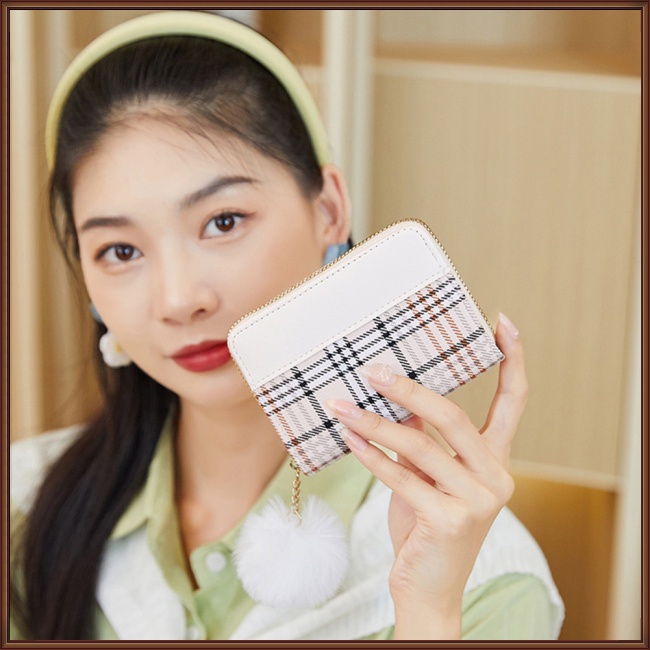 Ví Đựng Thẻ / Tiền Xu Họa Tiết Kẻ Sọc Màu Tương Phản Phối Khóa Kéo Thời Trang Cho Nữ