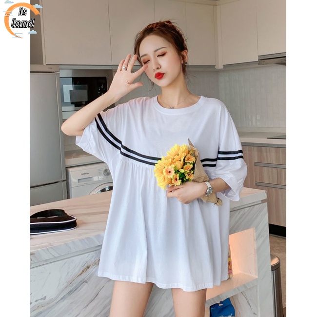 [IS] Đầm Thun Dáng Rộng Tay Ngắn Họa Tiết Kẻ Sọc Màu Sắc Tương Phản Dành Cho Phụ Nữ Mang Thai