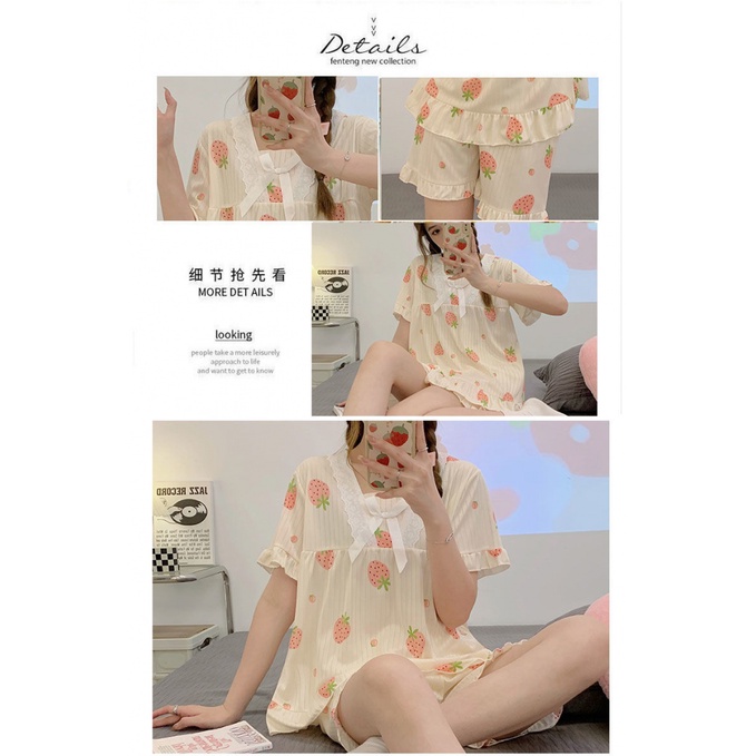 Bộ Đồ Ngủ Áo Tay Ngắn + Quần Short Phong Cách Công Chúa Dễ Thương Thời Trang Mùa Hè Cho Nữ