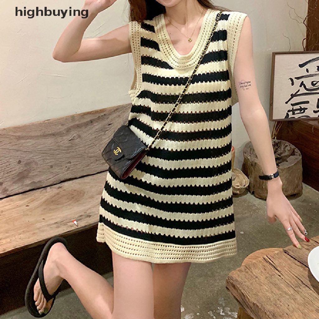 Đầm Dệt Kim Không Tay Cổ Tròn Họa Tiết Kẻ Sọc Belle Y2K Phong Cách Hàn Quốc