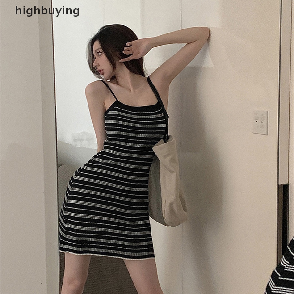 Đầm Mini Dệt Kim Mỏng Hở Lưng Họa Tiết Kẻ Sọc Thời Trang Mùa Hè 2023 Cho Nữ