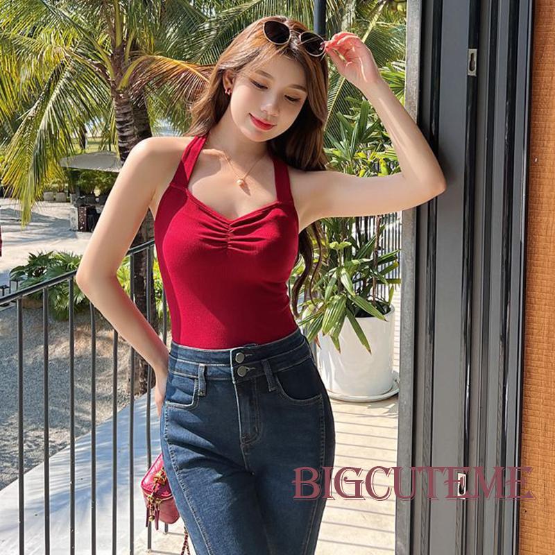 Áo Hai Dây Dệt Kim Hở Lưng Màu Sắc Trơn Thời Trang Mùa Hè Cho Nữ