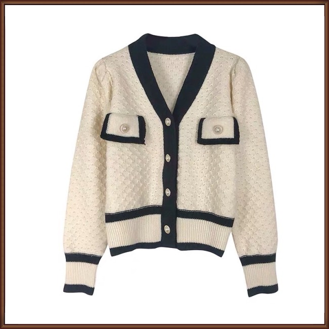 Áo Khoác Cardigan Dệt Kim Tay Dài Cổ Chữ V Đính Nút Ngọc Trai Phong Cách Vintage Dành Cho Nữ