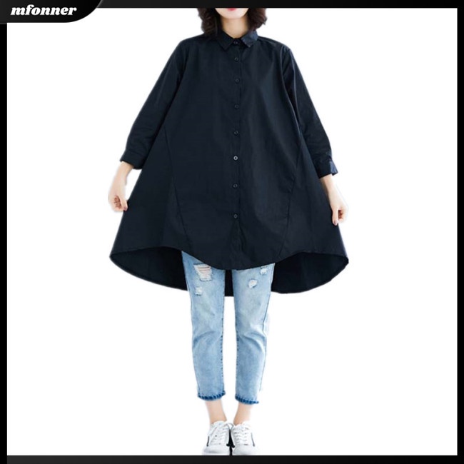 Áo Sơ Mi Cotton Lanh Tay Lửng Dáng Rộng Màu Sắc Đơn Giản Cho Nữ