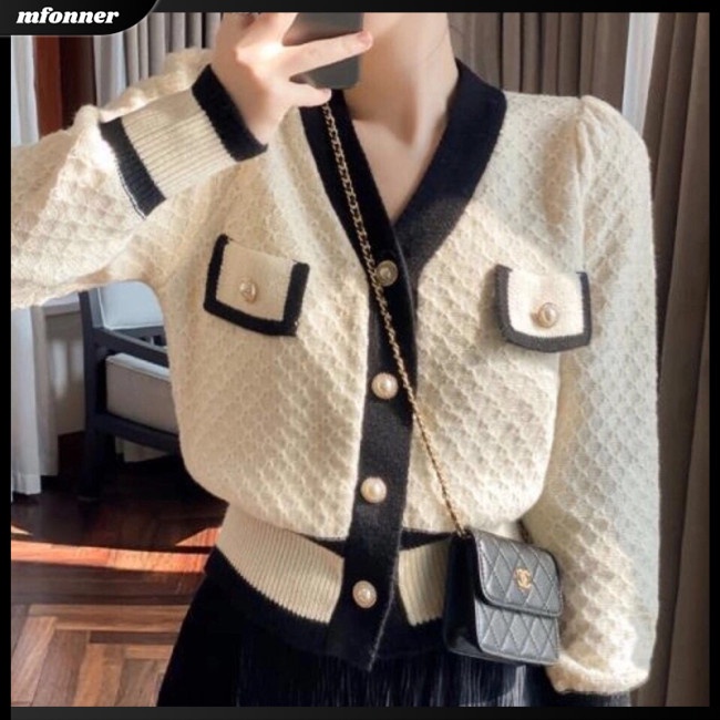 Áo Khoác Cardigan Dệt Kim Tay Dài Cổ Chữ V Đính Nút Ngọc Trai Phong Cách Vintage