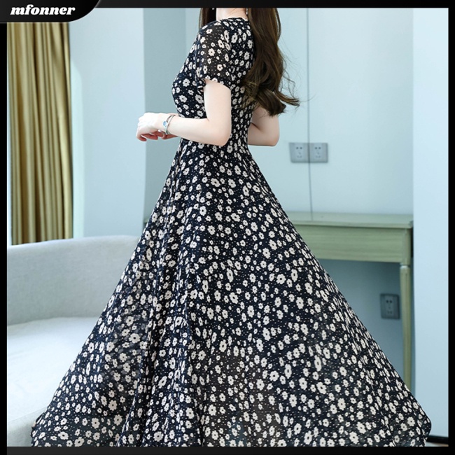 Đầm Dài Tay Ngắn Cổ Chữ V Eo Cao Bằng Lụa Mát in Họa Tiết Hoa Cúc Thanh Lịch Thời Trang Mùa Hè Dành Cho Nữ