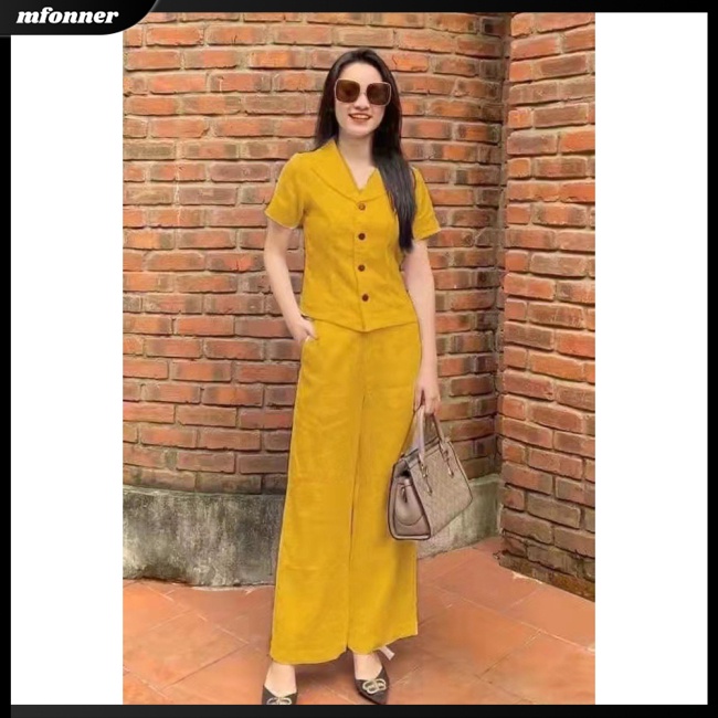 Bộ Trang Phục 2 Mảnh Áo Tay Ngắn Màu Trơn Phối Quần Dài Ống Rộng Thời Trang Cho Nữ