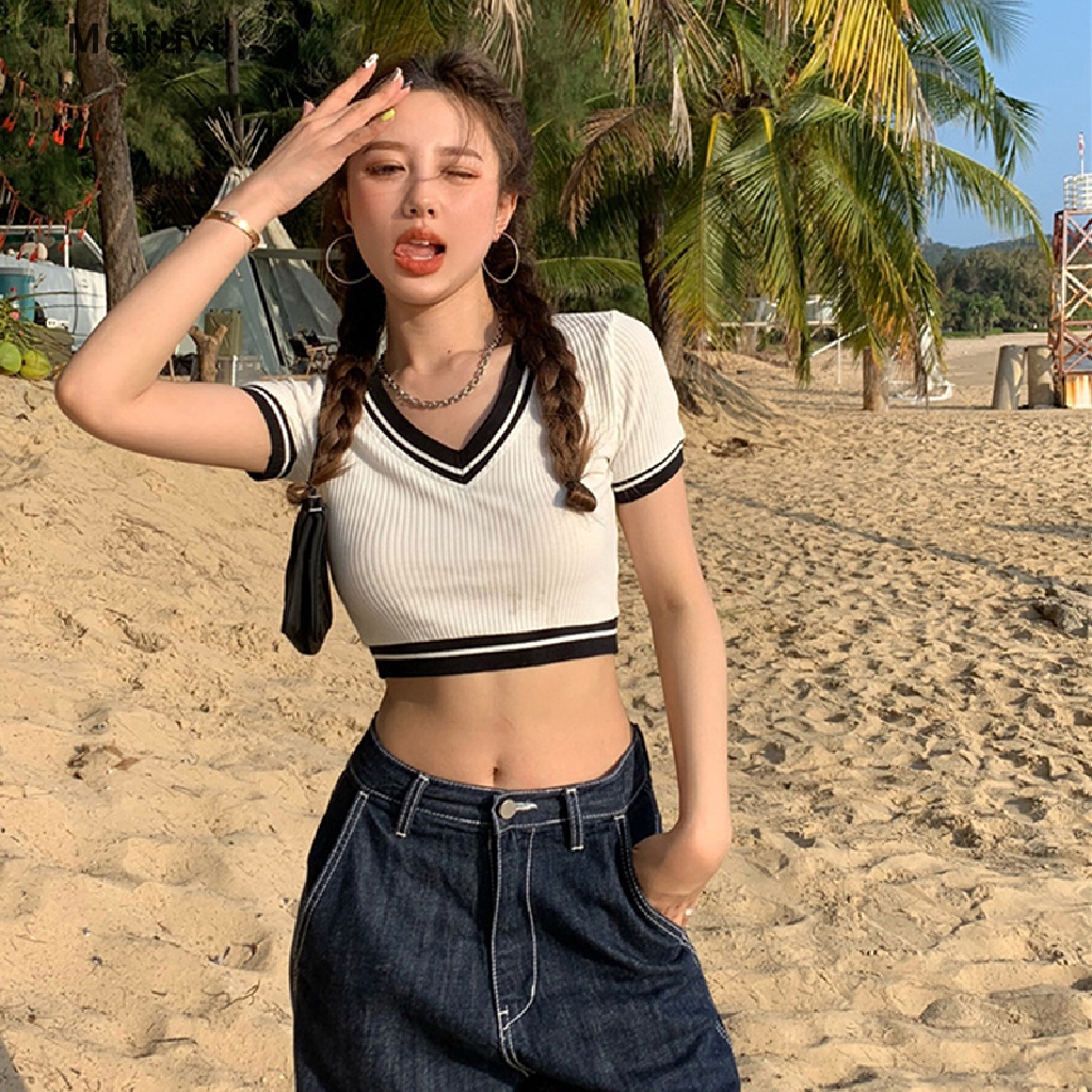 Áo Croptop Dệt Kim Tay Ngắn Cổ Chữ V Thời Trang Cho Nữ