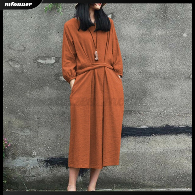 Đầm Midi Cotton Tay Dài Cổ Tròn Thắt Dây Eo Màu Sắc Trơn Phong Cách Nhật Bản Dành Cho Nữ