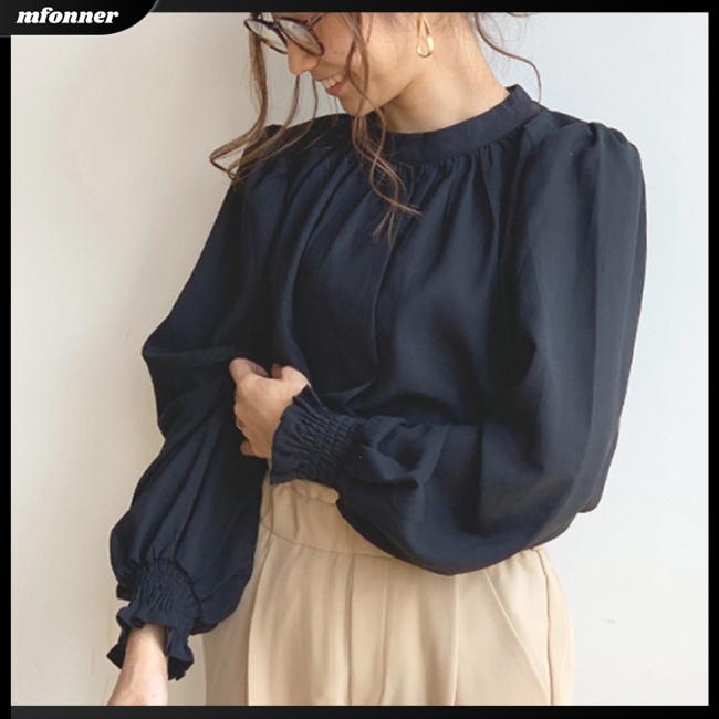 Áo Sơ Mi Voan Cổ Đứng Dài Tay Màu Trơn Phong Cách Retro Thời Trang Dành Cho Nữ