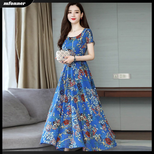 Đầm Dài Dáng Chữ A Tay Ngắn Họa Tiết Hoa Thời Trang Mùa Hè Cho Nữ