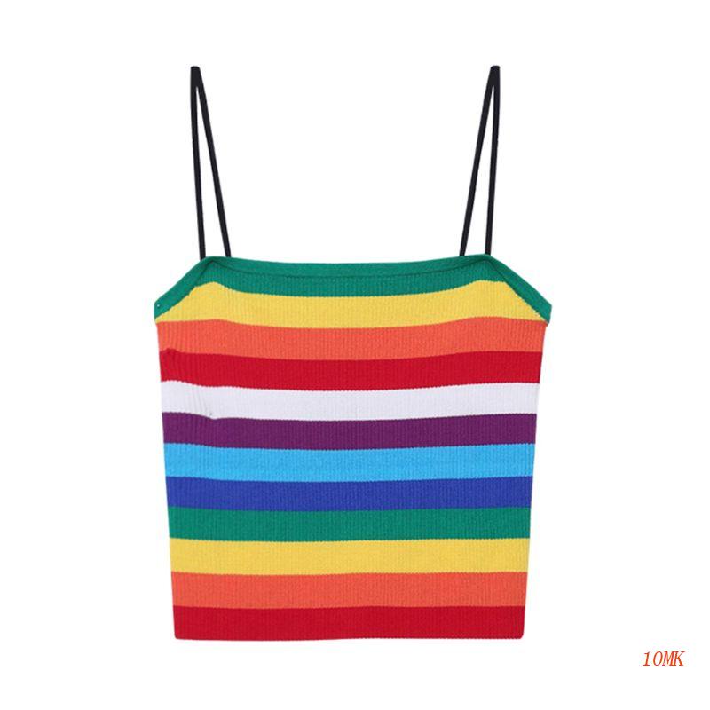 Xiangbao Áo Tank Top Hai Dây Dệt Kim Kẻ Sọc Màu Khối Cầu Vồng Thời Trang Mùa Hè Cho Nữ