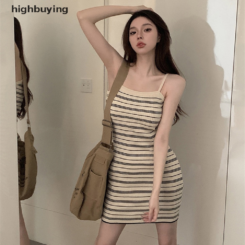Đầm Mini Dệt Kim Mỏng Hở Lưng Họa Tiết Kẻ Sọc Thời Trang Mùa Hè 2023 Cho Nữ
