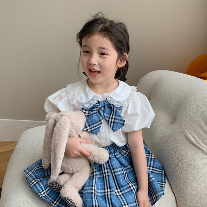 Bộ Khung Đồ Chơi Cho Bé❤Bộ Áo Sơ Mi Tay Phồng Màu Trơn + Chân Váy Cổ Búp Bê Họa Tiết Kẻ Sọc Thời Trang Mùa Hè Hàn Quốc Cho Nữ