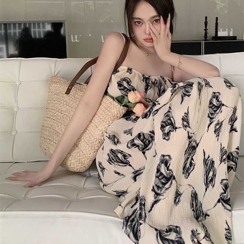 Cozok Đầm Dài Không Tay Họa Tiết Mực In Thời Trang Gợi Cảm