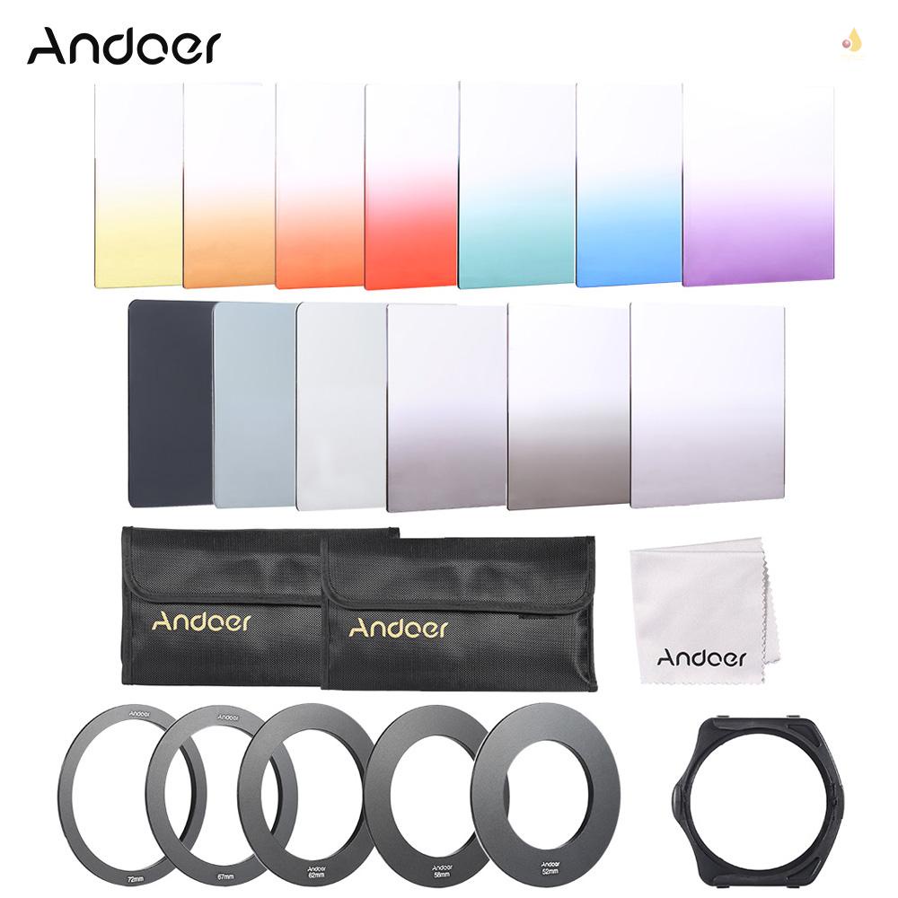 ANDOER Set 13 Tấm Lọc Màu Gradient Hình Vuông Kèm Giá Đỡ Vòng Nối 52mm / 58mm / 62mm / 67mm / 72mm + Túi Đựng Chuyên Dụng