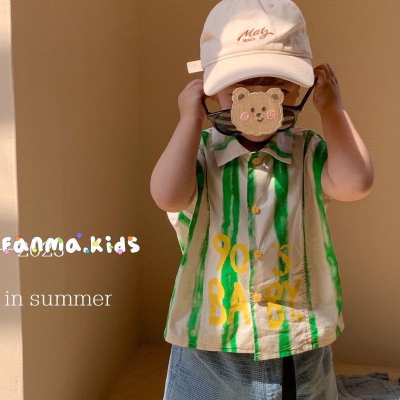 Áo Sơ Mi Cotton Họa Tiết Kẻ Sọc In Chữ Phong Cách Hàn Quốc Thời Trang Mùa Hè Mới Cho Bé Trai