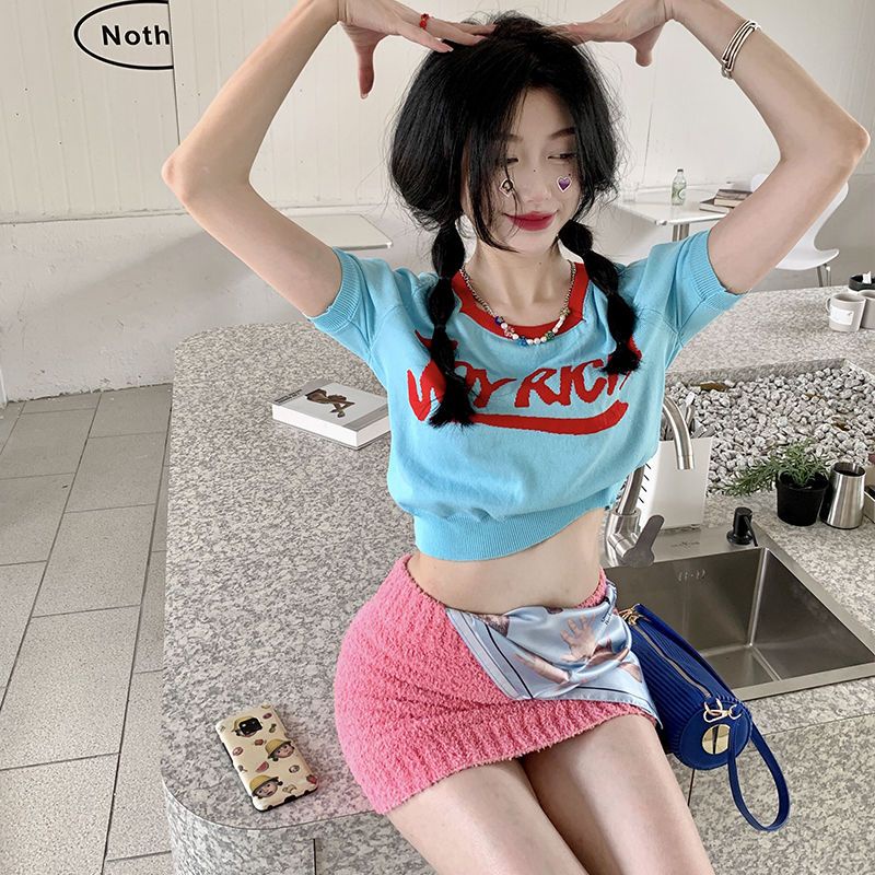 Áo Croptop Dệt Kim Tay Ngắn Cổ Vuông Thời Trang Mùa Hè Xinh Xắn Cho Nữ