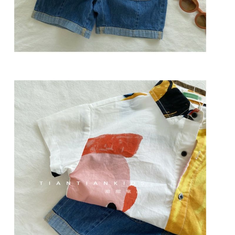 Áo Sơ Mi Tay Ngắn Dáng Rộng In Chữ + Quần Short Thời Trang Mùa Hè Phong Cách Hàn Quốc Cho Bé Trai