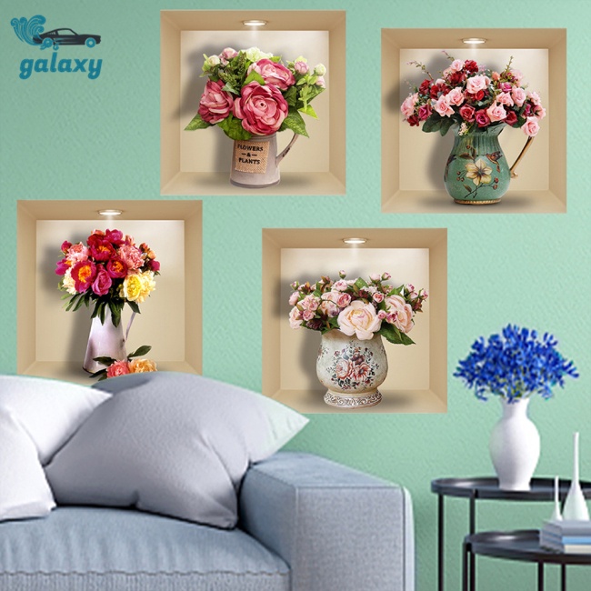 Galaxy Bộ 4 Miếng Dán Tường Trang Trí Hình Lọ Hoa Hồng 3d Tháo Rời Được Dành Cho Phòng Khách