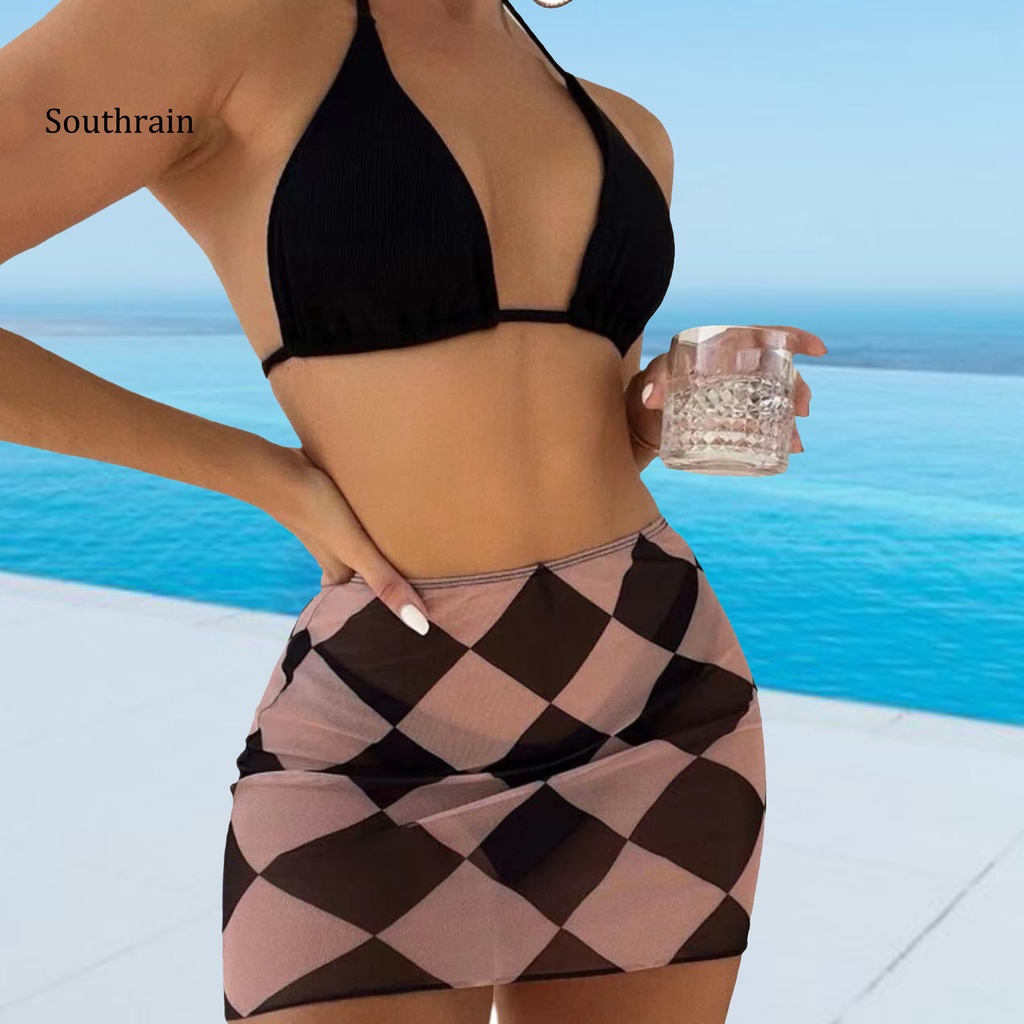 Bộ 3 Món Đồ Bơi Bikini Dạng Váy Hai Dây Nâng Ngực Màu Sắc Trơn In Họa Tiết Hình Học Tùy Chỉnh Cho Nữ