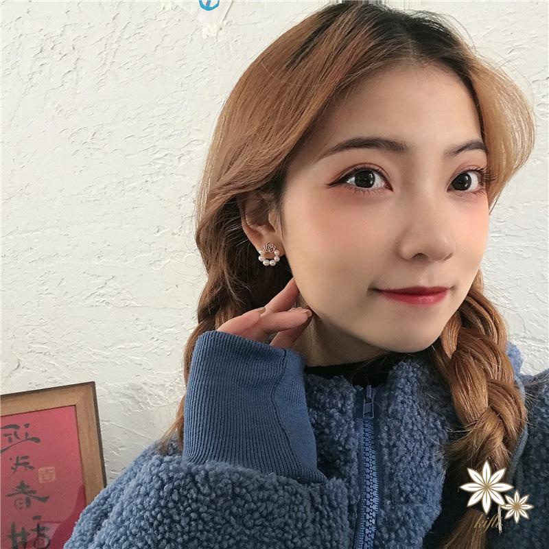 Bông tai khuyên tai bạc nữ đính ngọc trai thời trang Hàn Quốc Pha lê Nơ hồng Hoa tai hình cho phụ nữ Quà tặng phụ kiện trang sức